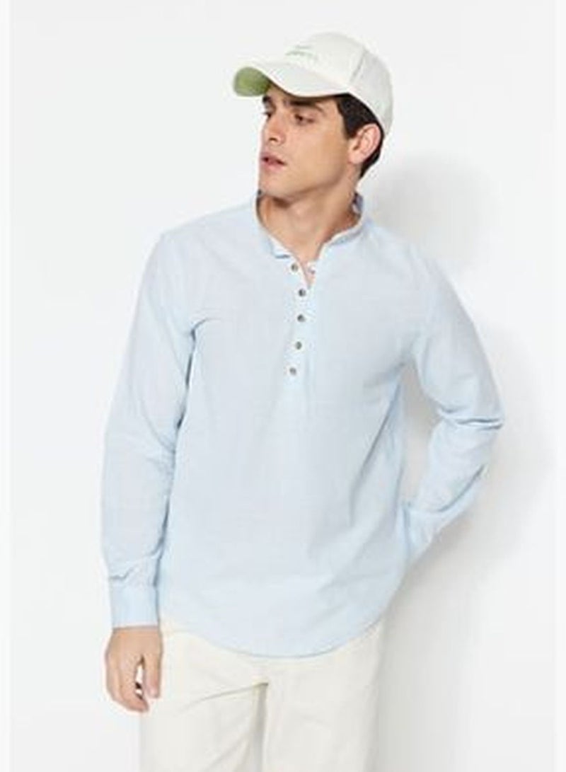 Blue Men's Slim Fit Shirt with Half-Pleats and Buttons, Wide Collar 100% Cotton TMNSS20GO0097