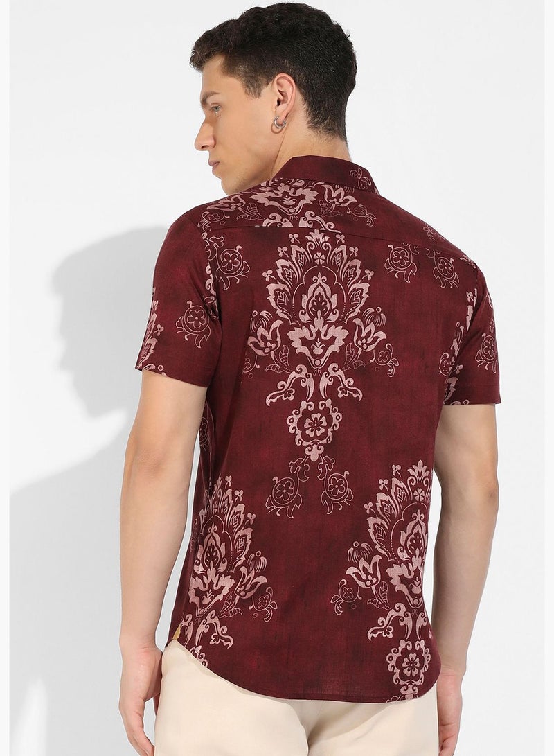 Printed Spread Collar Short Sleeve Shirt