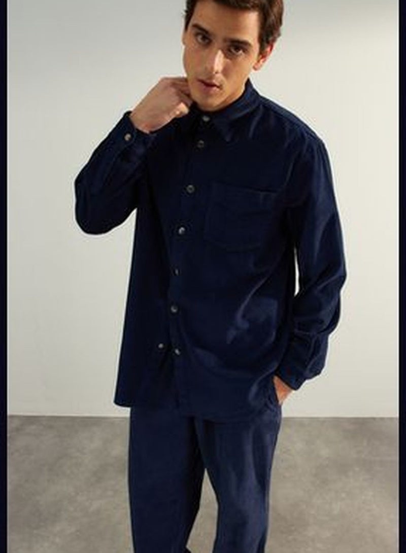 Limited Edition Navy Blue Men's Velvet Overshirt Shirt TMNAW24GO00049