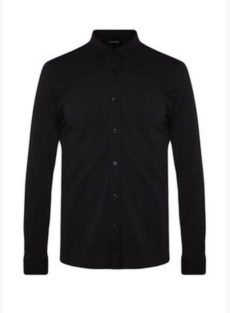 Black Men's Slim Fit Comfortable Comfortable Flexible Buttoned Collar Basic Shirt.