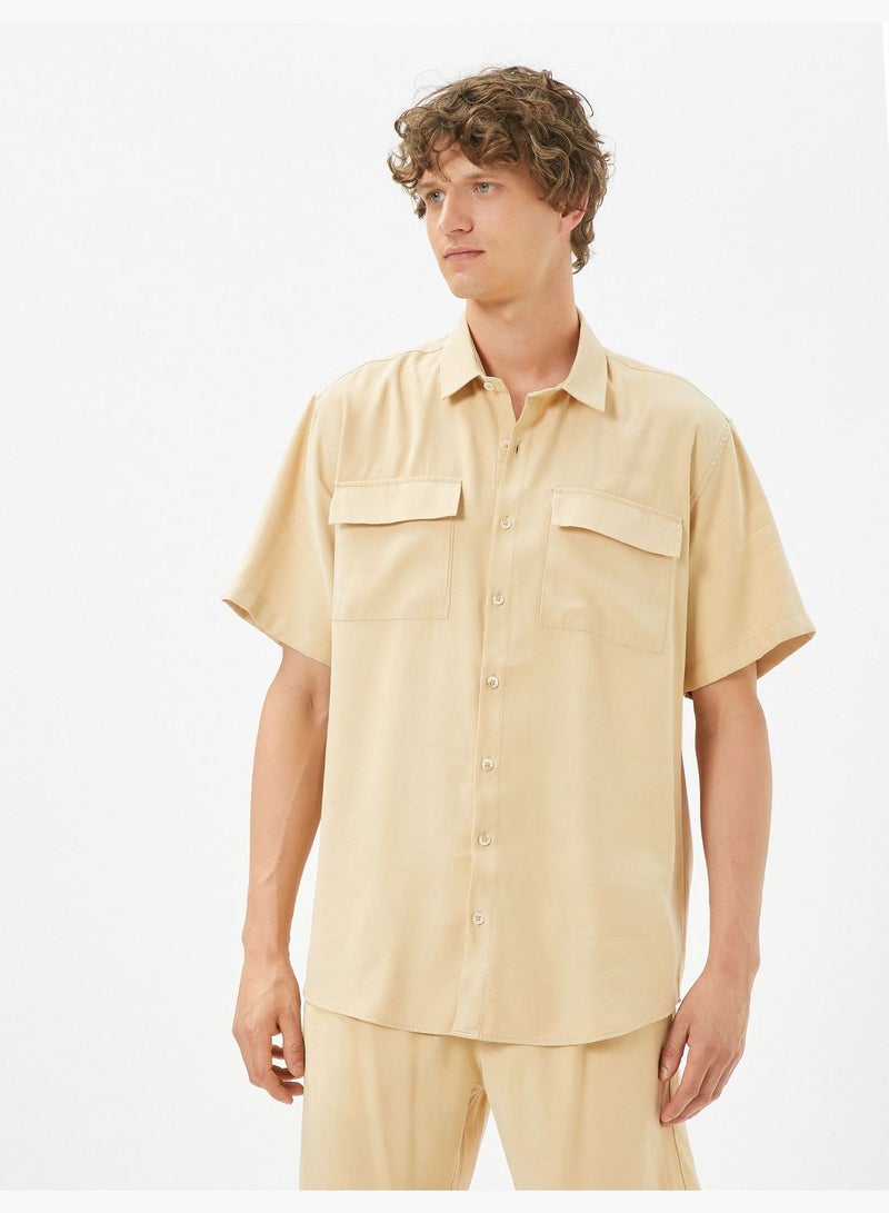 Double Pocket Buttoned Classic Neck Short Sleeve Shirt