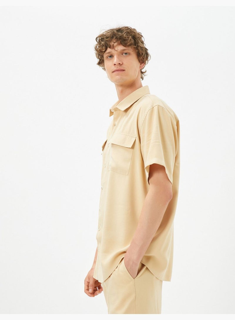 Double Pocket Buttoned Classic Neck Short Sleeve Shirt