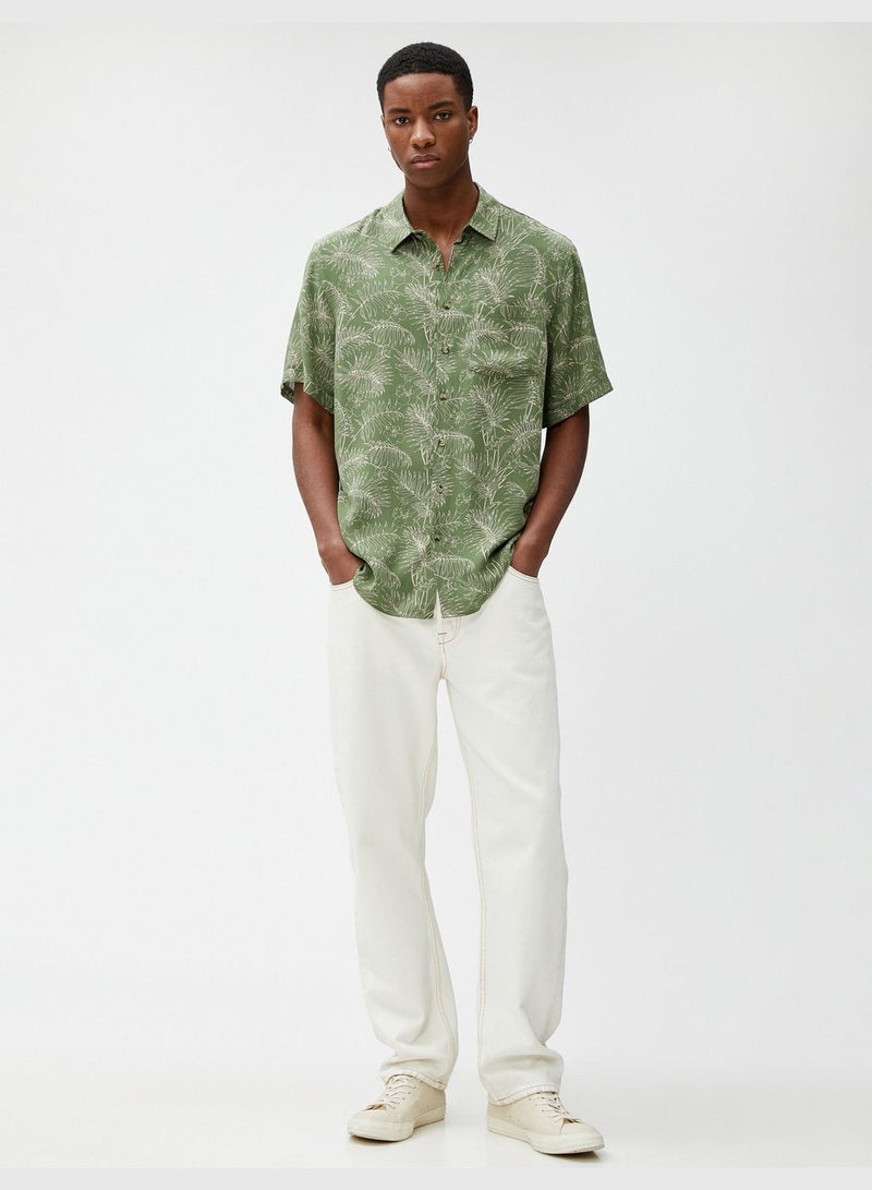 Short Sleeve Shirt Botanical Printed Pocket Detailed Classic Neck