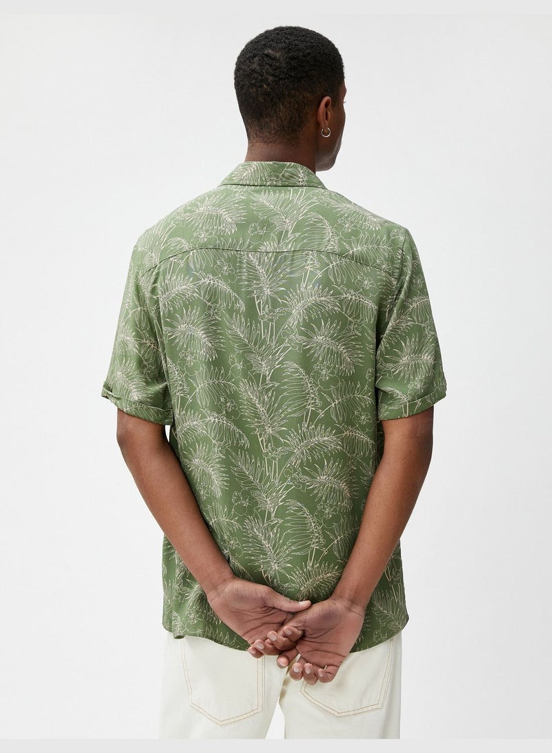 Short Sleeve Shirt Botanical Printed Pocket Detailed Classic Neck