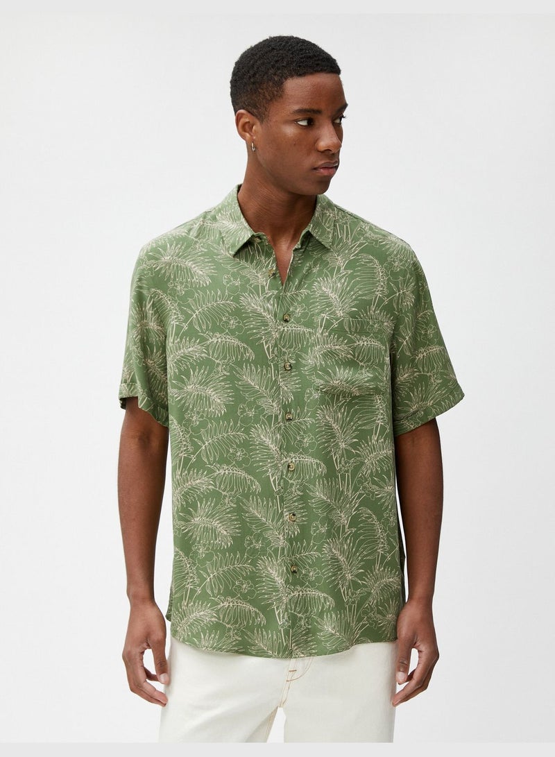 Short Sleeve Shirt Botanical Printed Pocket Detailed Classic Neck