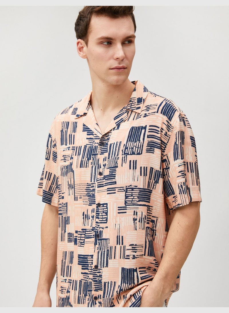 Short Sleeve Shirt Strip Print Detailed Lapel Neck