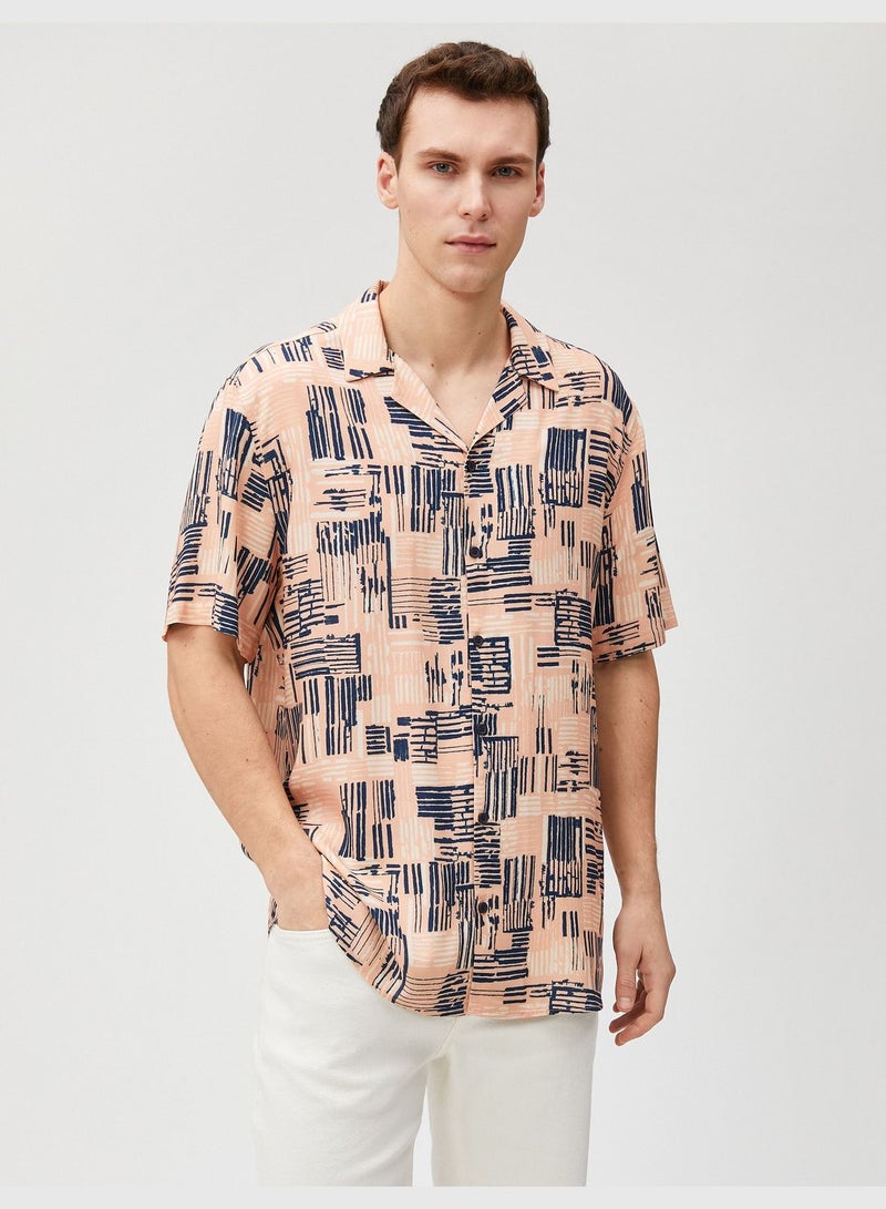 Short Sleeve Shirt Strip Print Detailed Lapel Neck