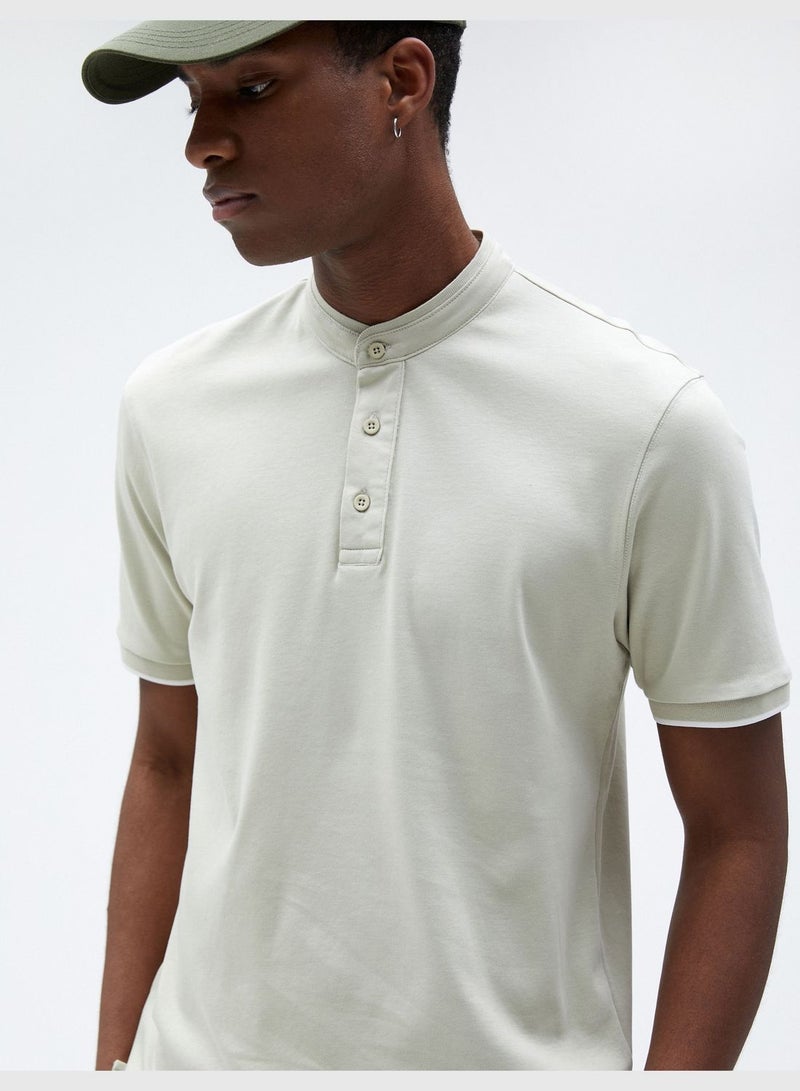 Mandarin Collar T-Shirt Slim Fit Buttoned Short Sleeve