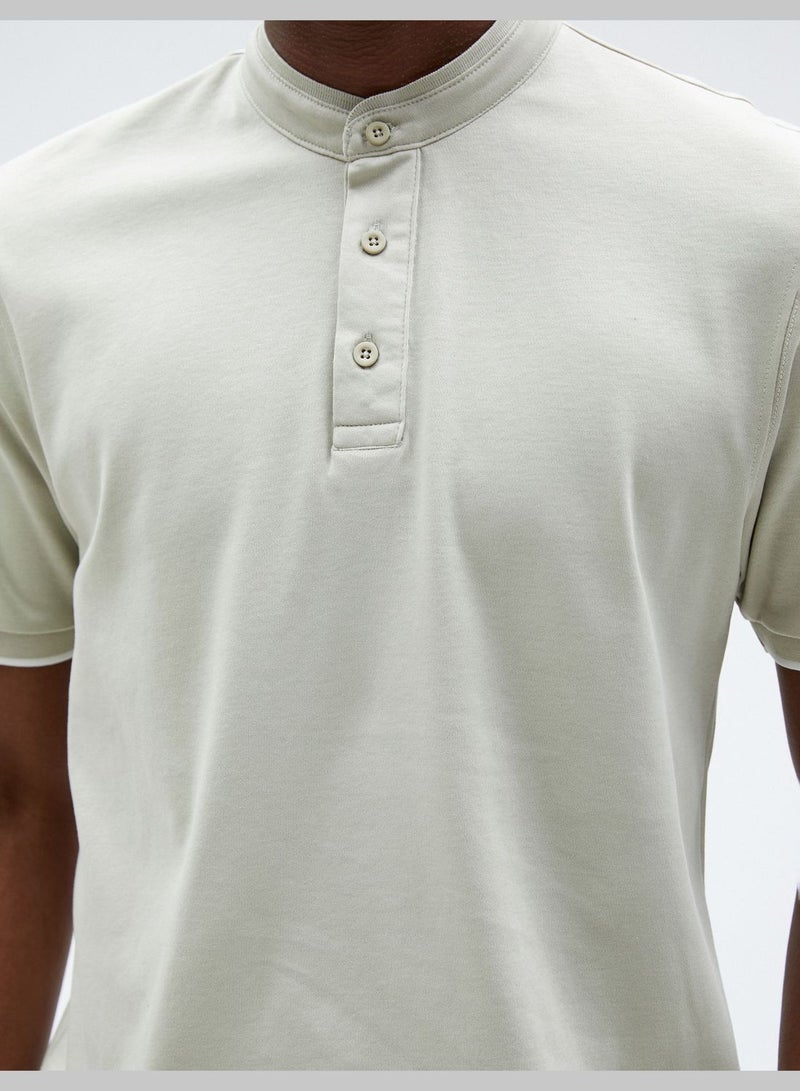 Mandarin Collar T-Shirt Slim Fit Buttoned Short Sleeve