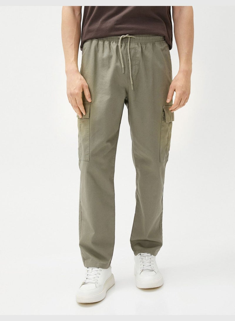 Linen Blend Cargo Trousers Pockets Drawstring