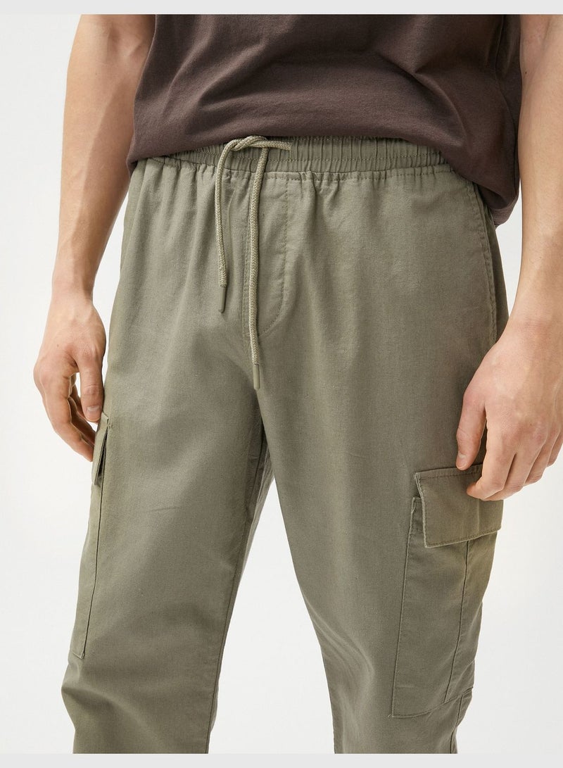 Linen Blend Cargo Trousers Pockets Drawstring