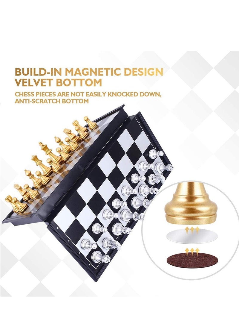 Travel Chess Board Set - Magnetic Piece with Portable/Foldable Board- Full Set Educational Toys For Children/Adults -Gold/Silver -Handmade Traditional Game Gift