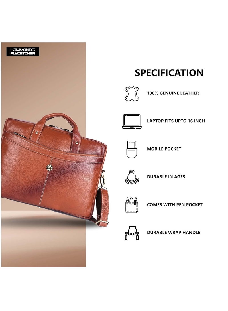 Laptop Bag for Men - Leather Messenger Bag for Office - Fits up to 16 Inch Laptop -Tan Shoulder Bag with Multiple Compartments - Executive Leather Bag for Work and Travel