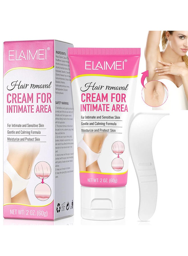 Intimate/Private Hair Removal Cream, Painless Flawless Depilatory Cream For Private Areas, Pubic, Bikini, Body, Leg, And Underarms, Sensitive Formula For All Skin Types, Long-Lasting Fast-Acting 60G