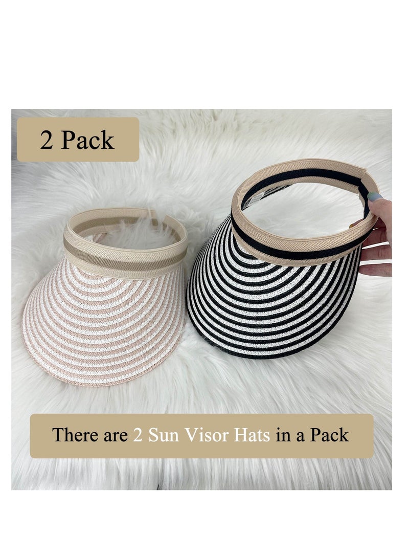 2 Pack Sun Visor Hats Clip-on Women Wide Brim Adjustable Travel Summer Beach Cap