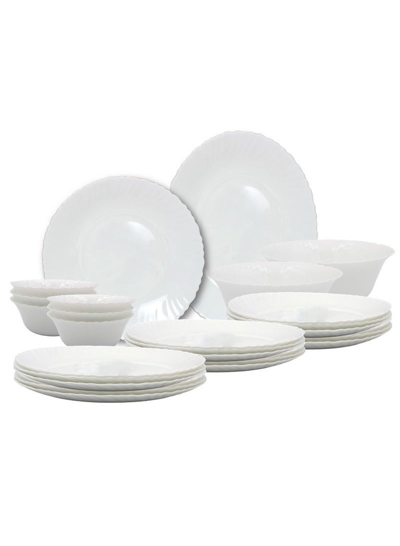 Melrich 27 Piece Opal ware Dinner Set 6 Dinner set 6 Dessert Plate 6 Soup Plate 6 Soup Bowl 1 Serving Plate 1 Serving Bowl 1 Medium Bowl Dishwasher Safe Microwave Safe