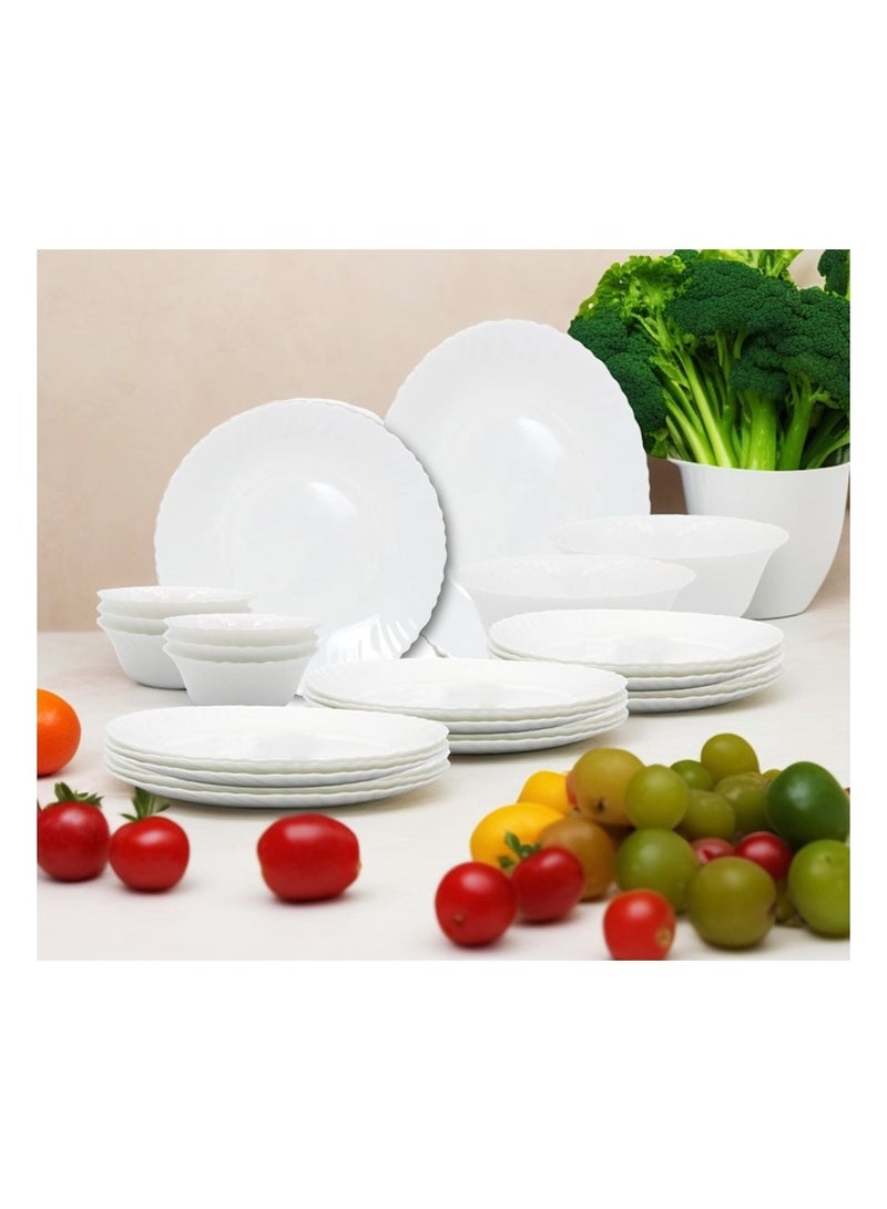 Melrich 27 Piece Opal ware Dinner Set 6 Dinner set 6 Dessert Plate 6 Soup Plate 6 Soup Bowl 1 Serving Plate 1 Serving Bowl 1 Medium Bowl Dishwasher Safe Microwave Safe