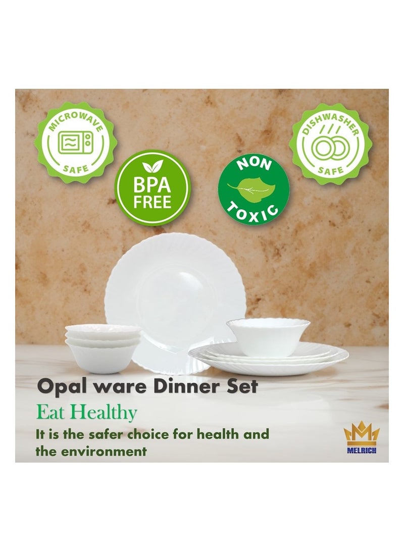 Melrich 27 Piece Opal ware Dinner Set 6 Dinner set 6 Dessert Plate 6 Soup Plate 6 Soup Bowl 1 Serving Plate 1 Serving Bowl 1 Medium Bowl Dishwasher Safe Microwave Safe