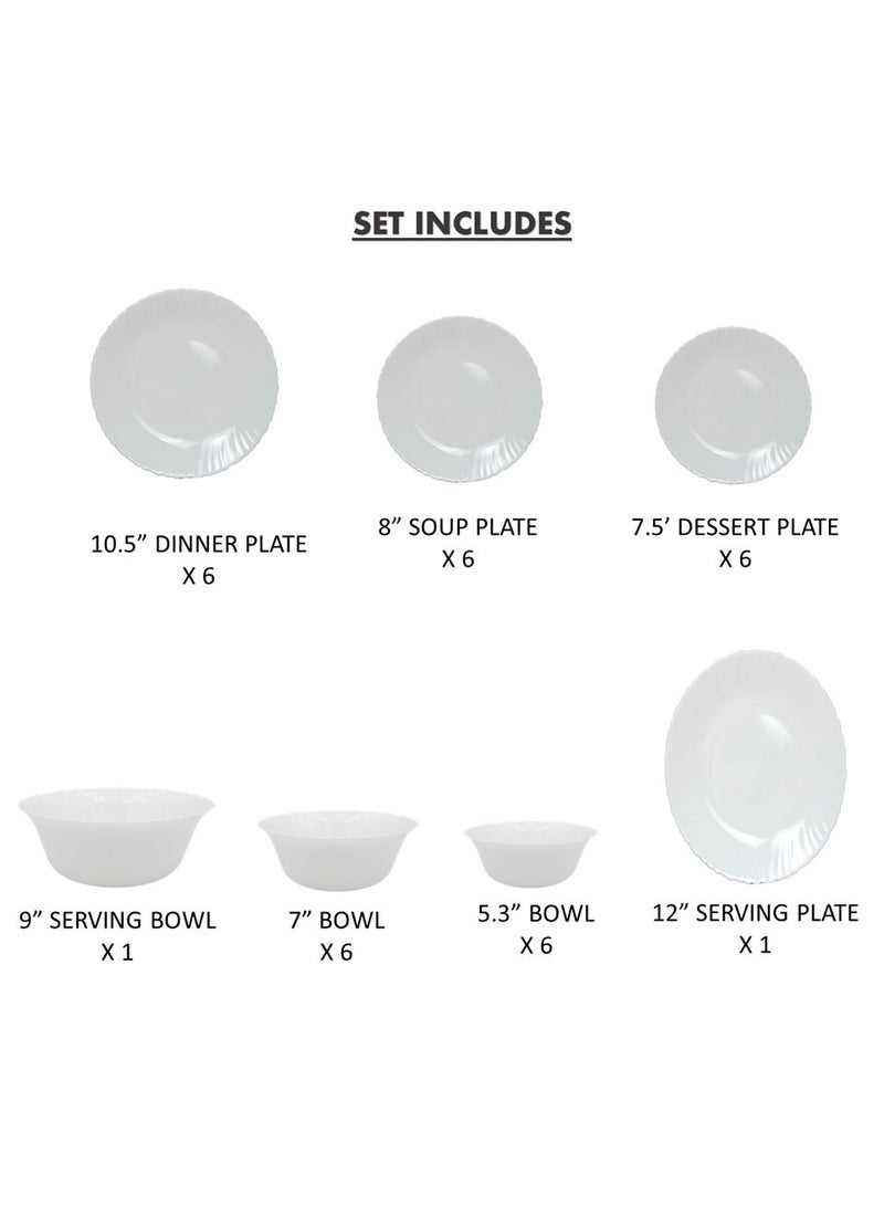 Melrich 27 Piece Opal ware Dinner Set 6 Dinner set 6 Dessert Plate 6 Soup Plate 6 Soup Bowl 1 Serving Plate 1 Serving Bowl 1 Medium Bowl Dishwasher Safe Microwave Safe