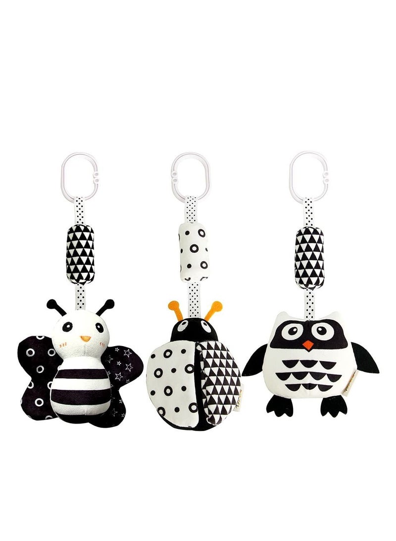 Hanging Rattle Toys, High Contrast Baby Toys and Plush Stroller Newborn Car Seat with Black White Cartoon Shapes Ladybug, Bee & Owl for Babies 0-36 Months (3 Pack)