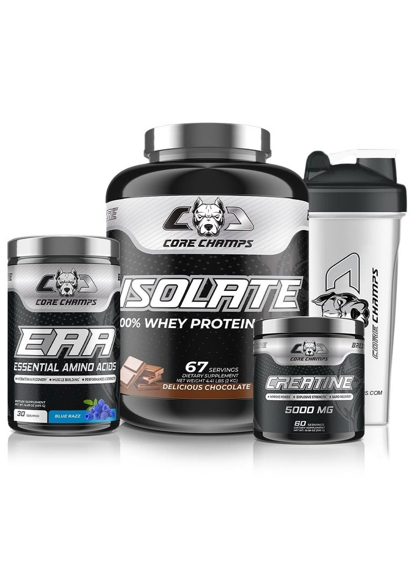 Core Champs Bundle - Isolate 4.4Lbs/2Kg Delicious Chocolate + EAA 30Sv Blue Razz + Creatine 300G + Shaker