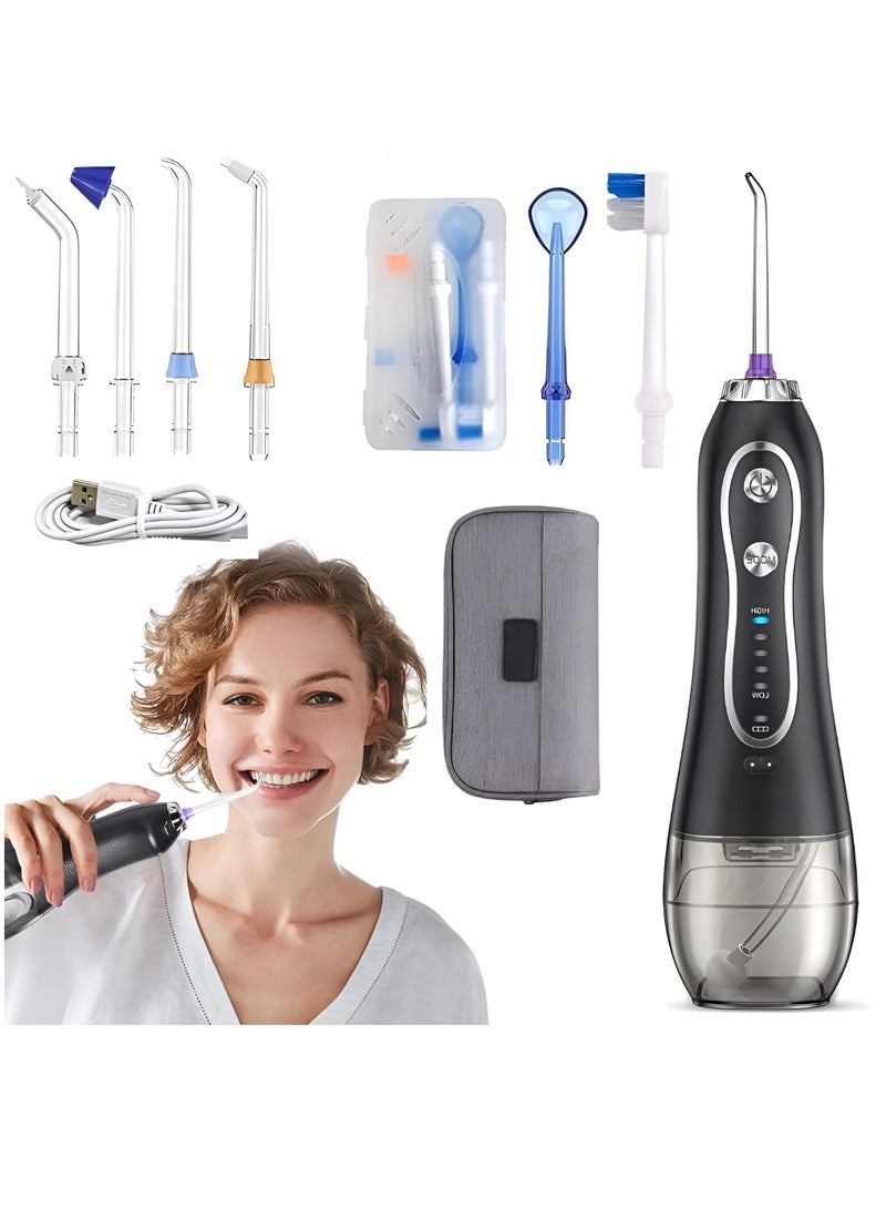 H2O Water Floss Portable Dental Oral Irrigator with 5 Modes & 6 Jet Tips Rechargeable IPX7 Waterproof Water Flossing for Teeth Cleaning 300ml Detachable Reservoir Braces