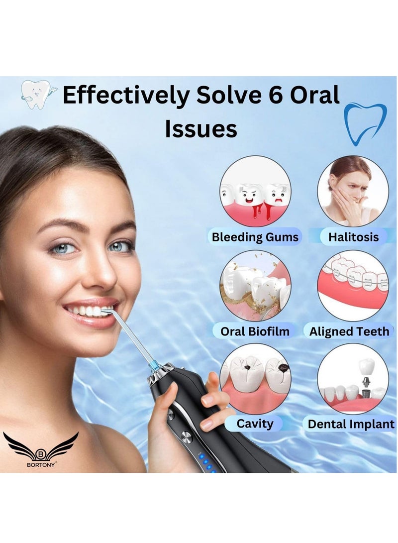 H2O Water Floss Portable Dental Oral Irrigator with 5 Modes & 6 Jet Tips Rechargeable IPX7 Waterproof Water Flossing for Teeth Cleaning 300ml Detachable Reservoir Braces