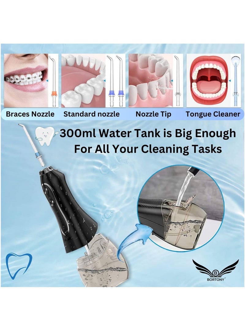 H2O Water Floss Portable Dental Oral Irrigator with 5 Modes & 6 Jet Tips Rechargeable IPX7 Waterproof Water Flossing for Teeth Cleaning 300ml Detachable Reservoir Braces