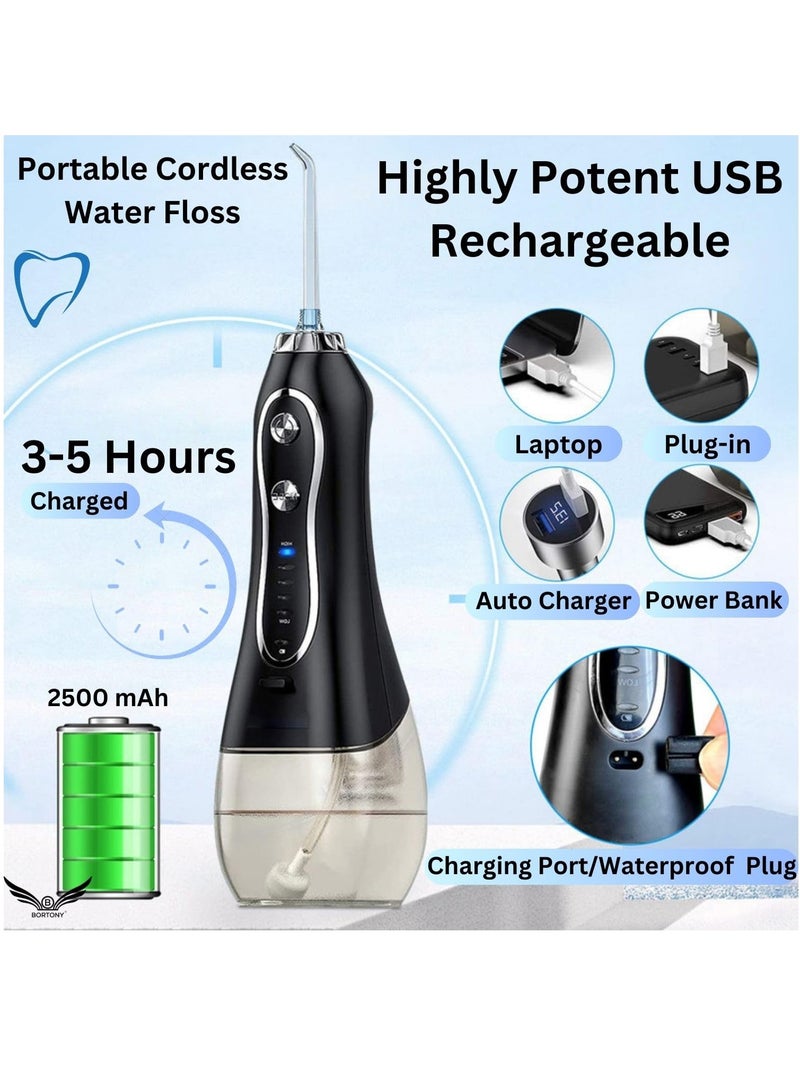 H2O Water Floss Portable Dental Oral Irrigator with 5 Modes & 6 Jet Tips Rechargeable IPX7 Waterproof Water Flossing for Teeth Cleaning 300ml Detachable Reservoir Braces