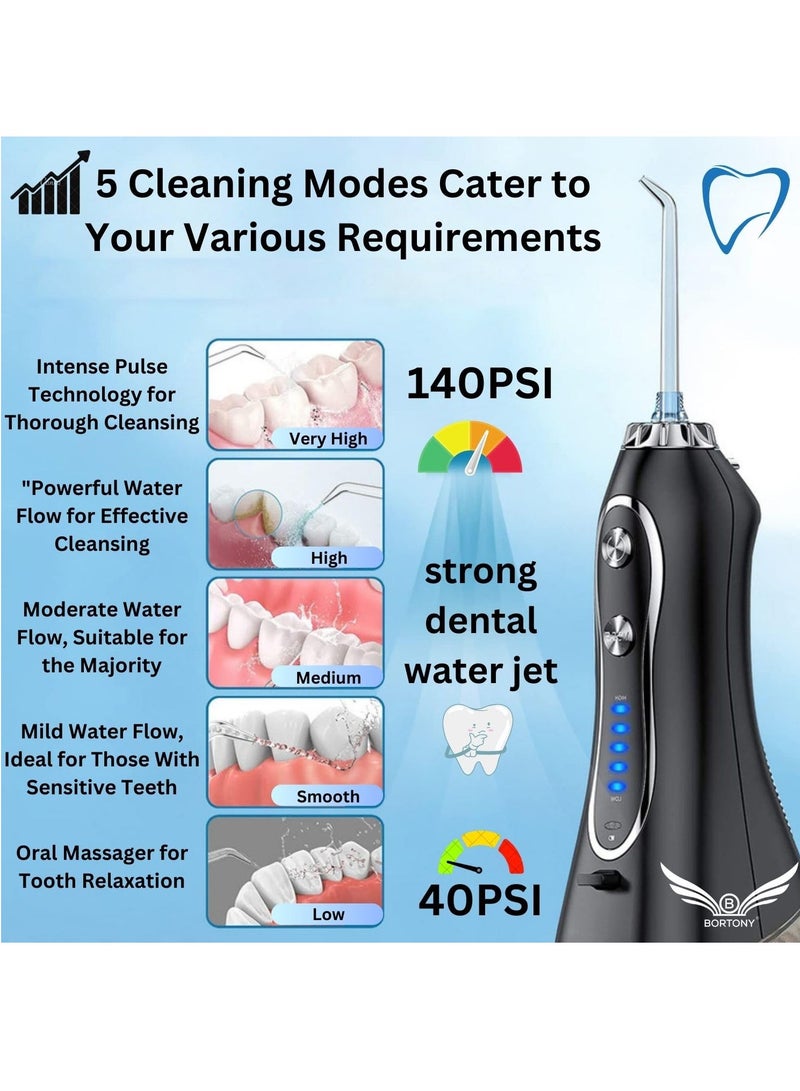 H2O Water Floss Portable Dental Oral Irrigator with 5 Modes & 6 Jet Tips Rechargeable IPX7 Waterproof Water Flossing for Teeth Cleaning 300ml Detachable Reservoir Braces