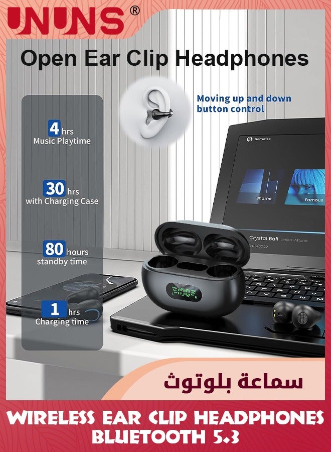 Open Ear Clip Headphones,Wireless Air Conduction Earbuds Bluetooth 5.3,Sports Earbuds With Mic/Earhooks/Charging Case/Digital Display,Waterproof Headset For Cycling,Running,Walking