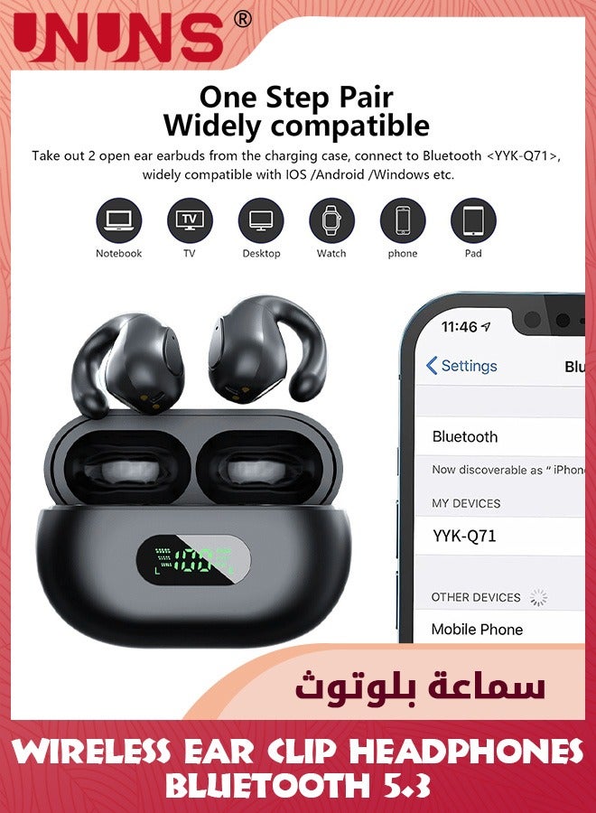 Open Ear Clip Headphones,Wireless Air Conduction Earbuds Bluetooth 5.3,Sports Earbuds With Mic/Earhooks/Charging Case/Digital Display,Waterproof Headset For Cycling,Running,Walking