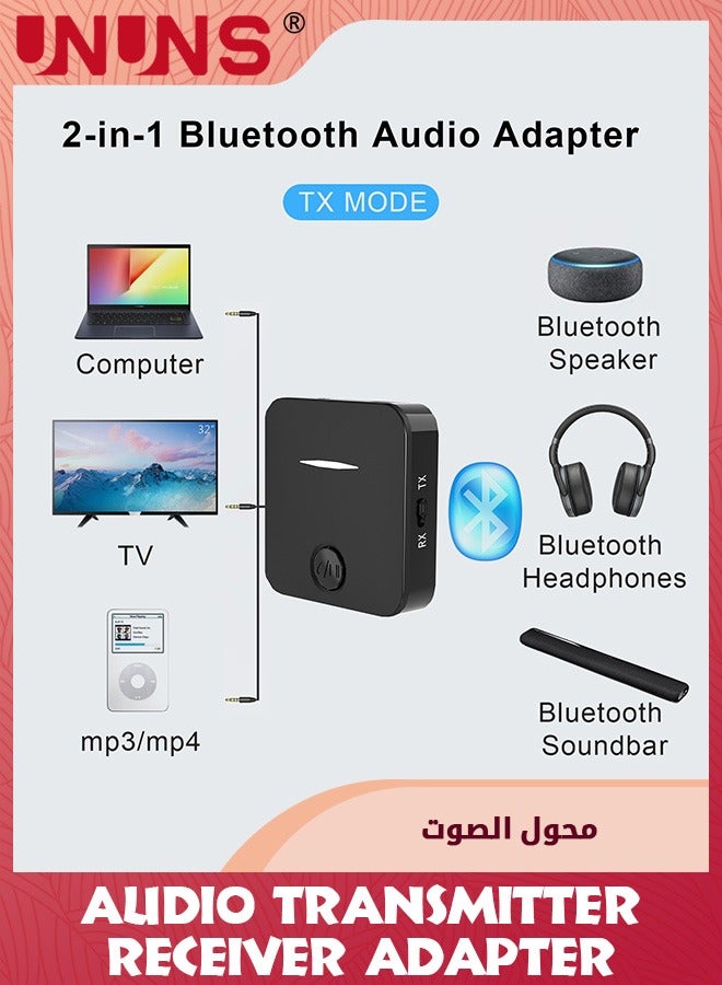 Bluetooth 5.0 Transmitter Receiver for TV/Airplane to 2 Headphones,Wireless Audio Bluetooth Adapter In TX/Out RX,Low Latency,Aux Connector for Home Stereo/Tablet/PC/Gym/Hearing Aid