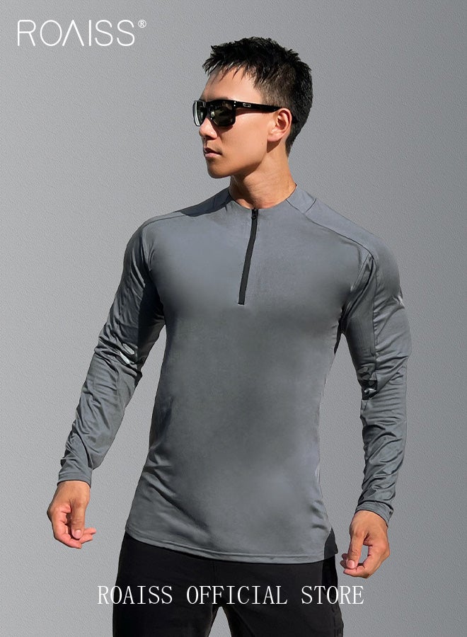 Men Quick Dry and Breathable Round Neck Sweatshirt with Quarter Zip Long Sleeve Athletic Shirts Slim Fit Top for Running Basketball Workout Gym