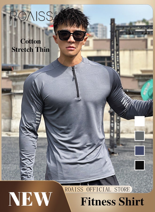 Men Quick Dry and Breathable Round Neck Sweatshirt with Quarter Zip Long Sleeve Athletic Shirts Slim Fit Top for Running Basketball Workout Gym