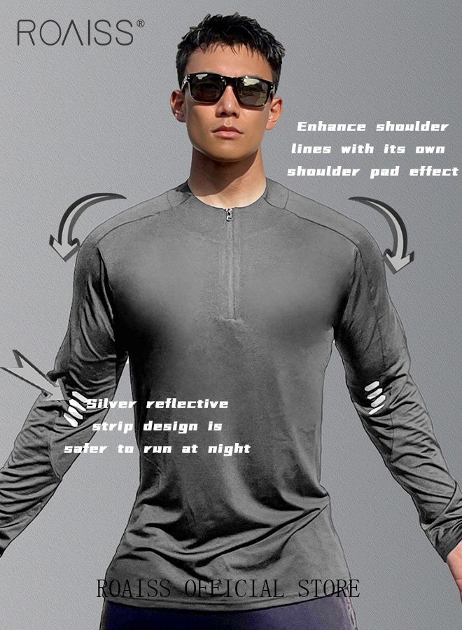 Men Quick Dry and Breathable Round Neck Sweatshirt with Quarter Zip Long Sleeve Athletic Shirts Slim Fit Top for Running Basketball Workout Gym