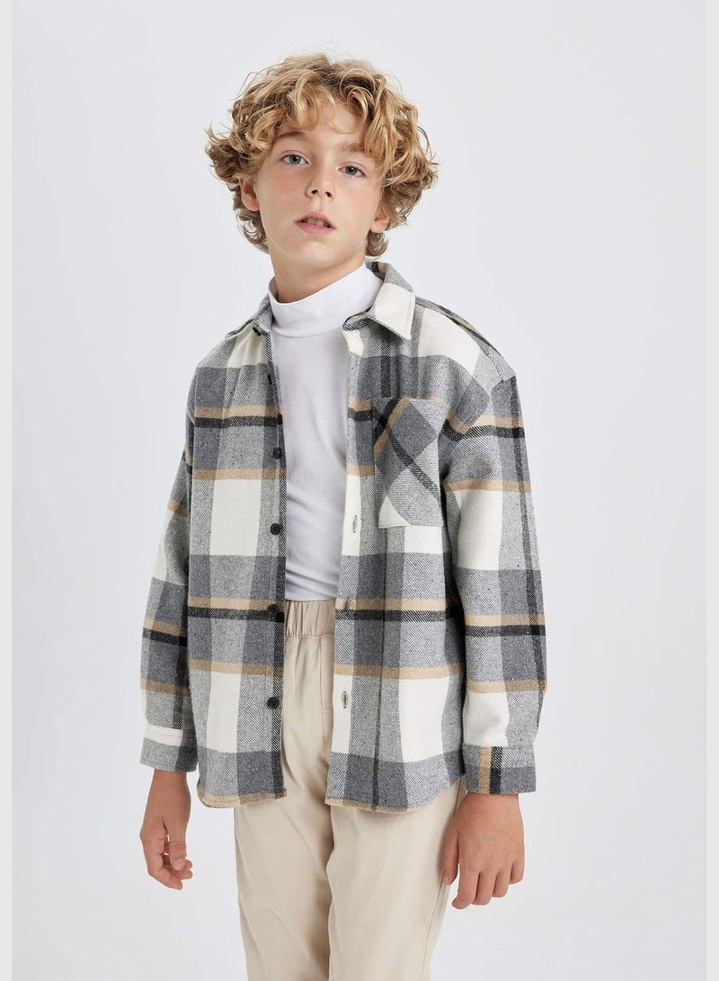 Boy Oversize Fit Polo Neck Woven Long Sleeve Shirt