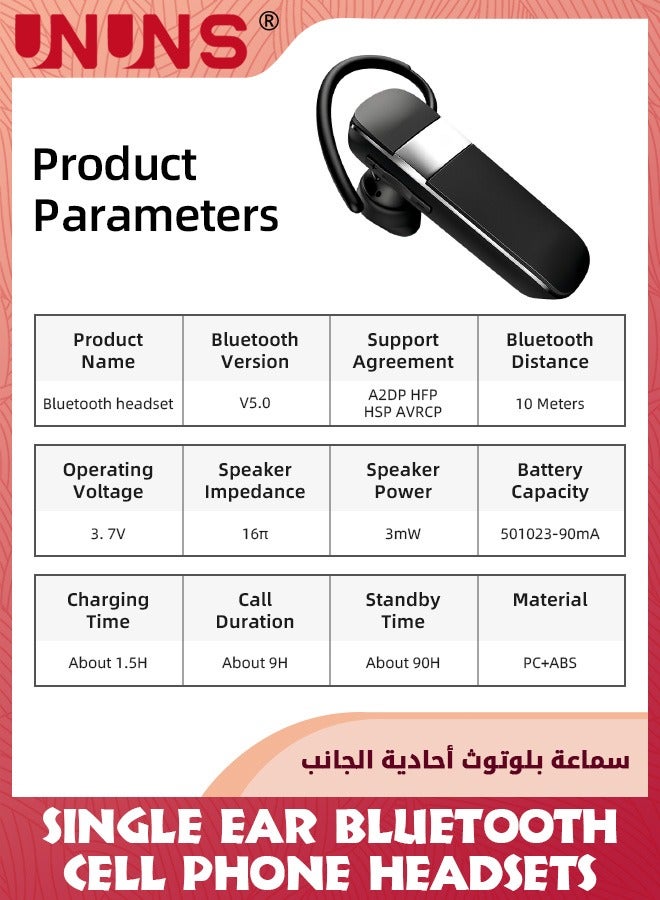 Bluetooth Headset,V5.0 Wireless Handsfree Earpiece With Microphone,Noise Canceling,Clear Conversations,Single Ear Bluetooth Headsets For iPhone Android Samsung Home Office Trucker Driver, Black