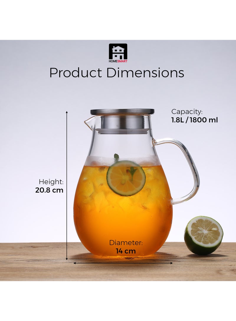 Glass Pitcher Stainless Steel Lid | Borosilicate Glass Pitcher 1.8 LT Water Jug Hot Summar and Drink Dispenser | Juice Beverage by Home smart