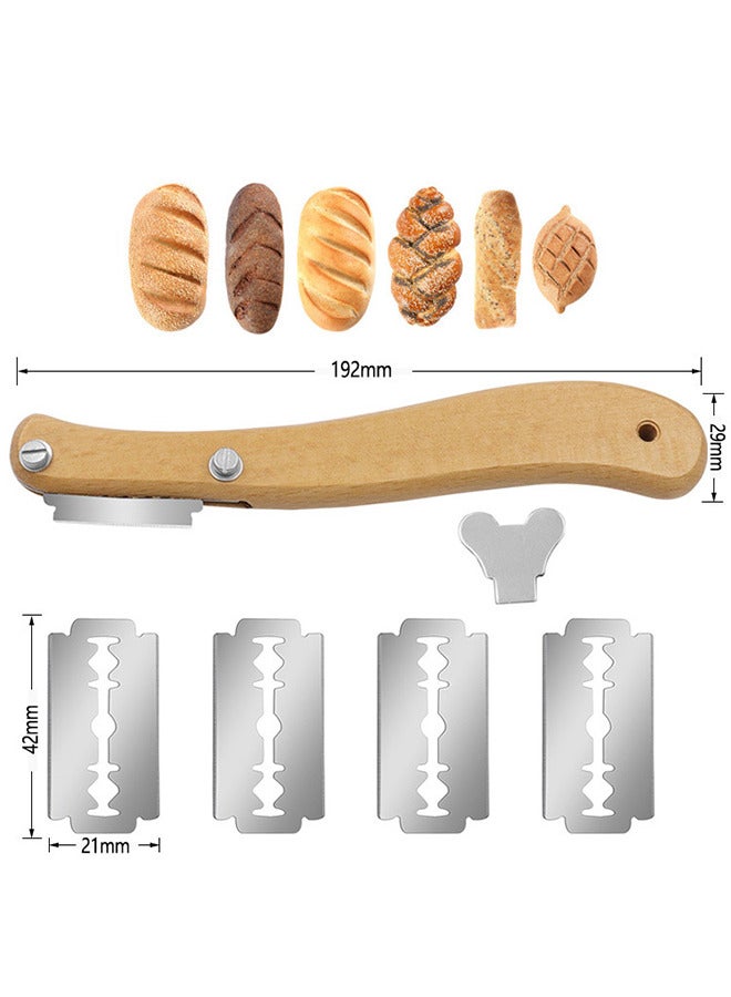 Bread Slicer, Bread Lame Wooden Handle Bread Slashing Tool Dough Scoring Knife, Made Of Wooden And Stainless, Ergonomic Design With 5 Pieces Replaceable Blades For Bread Making Kitchen Accessories