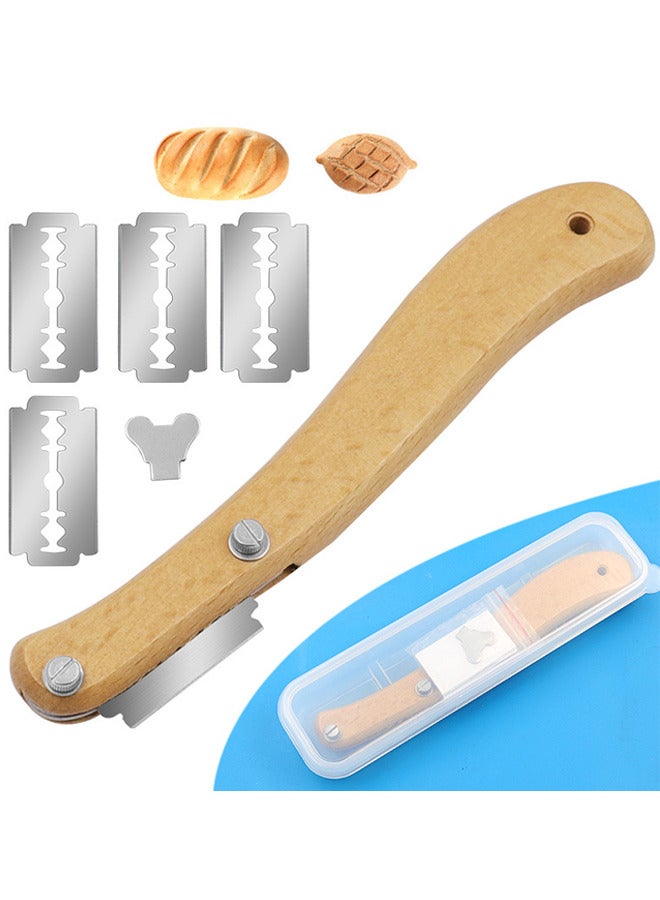 Bread Slicer, Bread Lame Wooden Handle Bread Slashing Tool Dough Scoring Knife, Made Of Wooden And Stainless, Ergonomic Design With 5 Pieces Replaceable Blades For Bread Making Kitchen Accessories