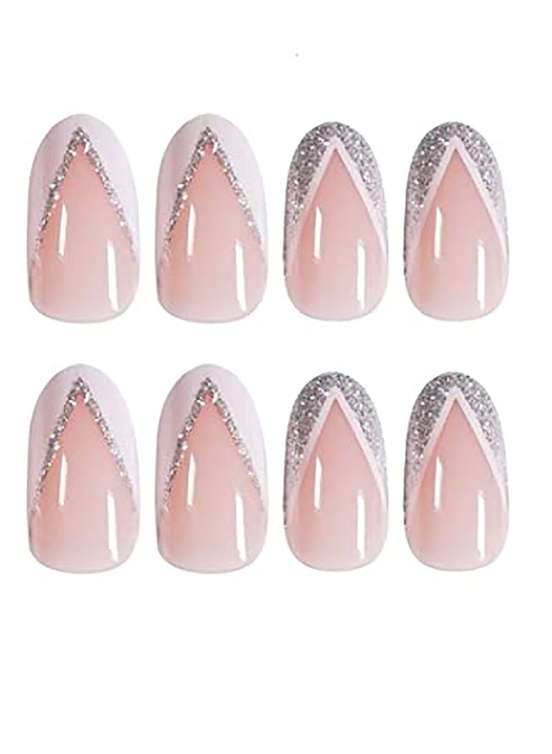 Nail Patches Silver Side StyleFake Nails Short Press on Nails Square Crystal False Nails Prom Nails Full Cover Nails Tips 24pcs for Women and Girls et Shipped Without Glue