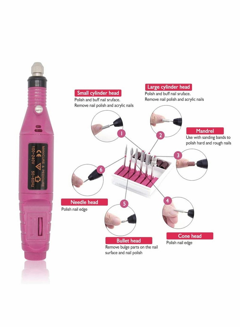 Electric Nail Files, 6 In 1 Manicure Nail Drill, Polishing Tools Nail Clipper Set For Callus Removal, Pen Shape Manicure Pedicure Set Nail Care Tool, Rose Red