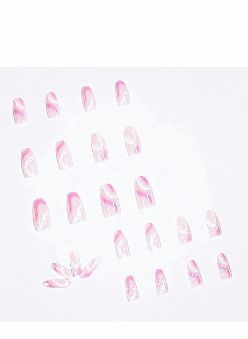 Acrylic Nails, Fake Nails Medium Length Press on White Pink Abstract  Coffin False with Glue, Stick Art Manicure Decoration, Glossy Nude 24Pcs