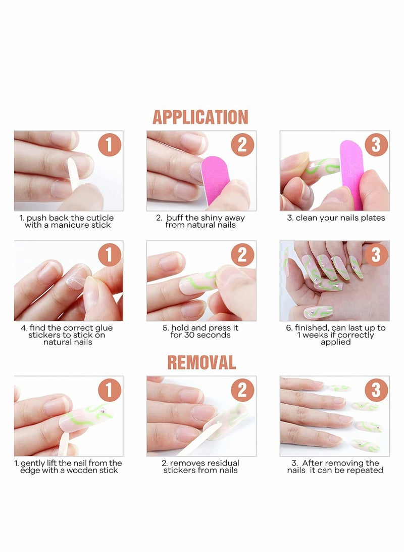 Acrylic Nails, Fake Nails Medium Length Press on White Pink Abstract  Coffin False with Glue, Stick Art Manicure Decoration, Glossy Nude 24Pcs