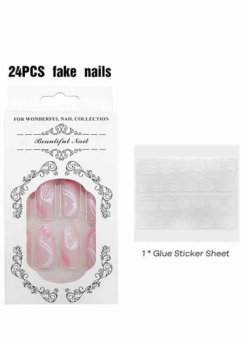 Acrylic Nails, Fake Nails Medium Length Press on White Pink Abstract  Coffin False with Glue, Stick Art Manicure Decoration, Glossy Nude 24Pcs