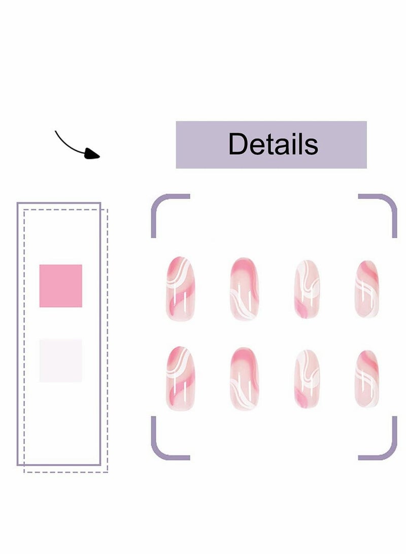 Acrylic Nails, Fake Nails Medium Length Press on White Pink Abstract  Coffin False with Glue, Stick Art Manicure Decoration, Glossy Nude 24Pcs