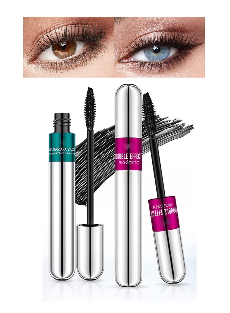 Waterproof Mascara Double Sided 5X Longer Lash Cosmetics Long Lasting Natural Lengthening and Thickening Effect 4D Silk Fiber Mascara Smudge Proof Eye Make up Black 2PCS