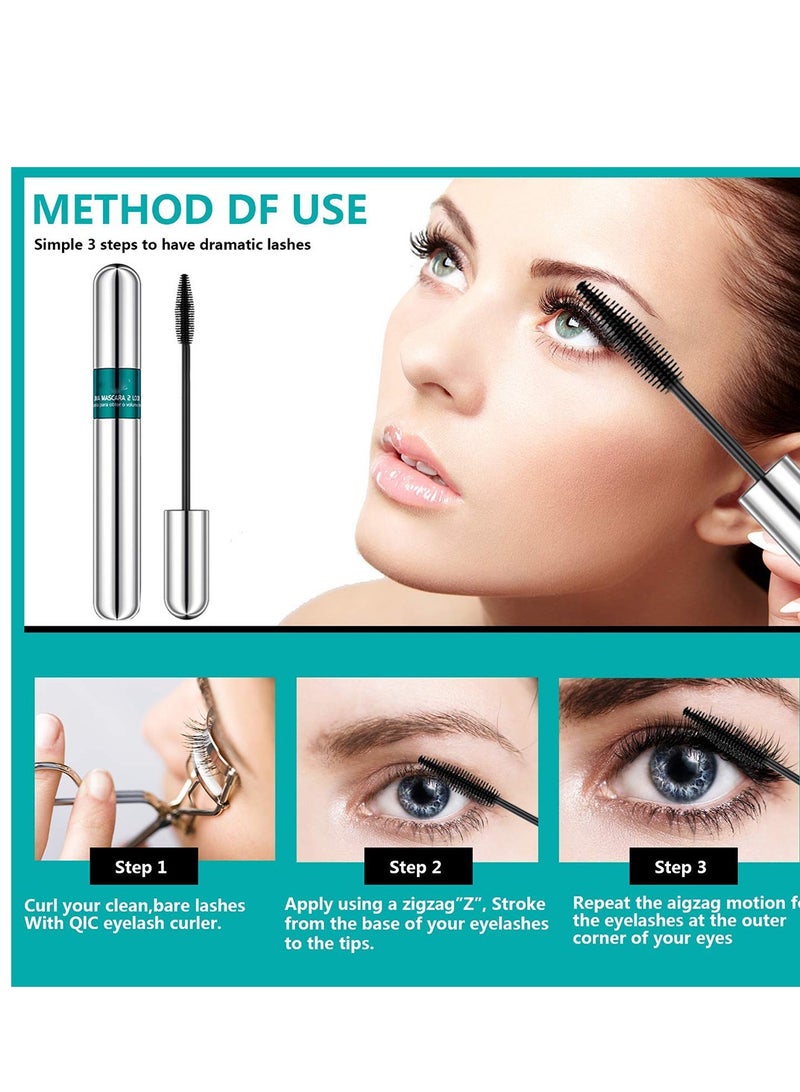 Waterproof Mascara Double Sided 5X Longer Lash Cosmetics Long Lasting Natural Lengthening and Thickening Effect 4D Silk Fiber Mascara Smudge Proof Eye Make up Black 2PCS