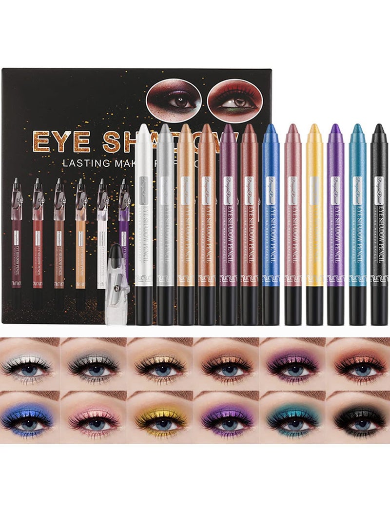 Eyeshadow Stick Set 12 Pcs Matte Eyeshadow Stick Set with Sharpener Cap Long Lasting Pearly Sparkle Glitter Eyeshadow Pencil for Women Girl Show Makeup